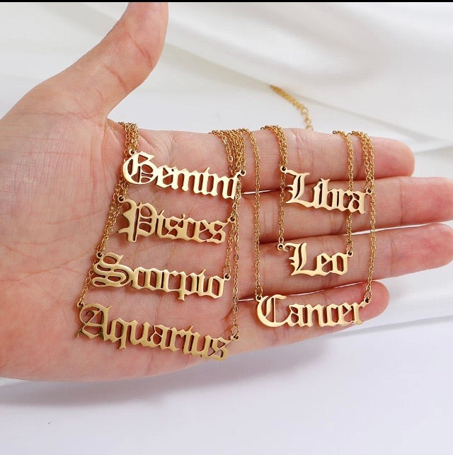 Horoscope name plate necklace